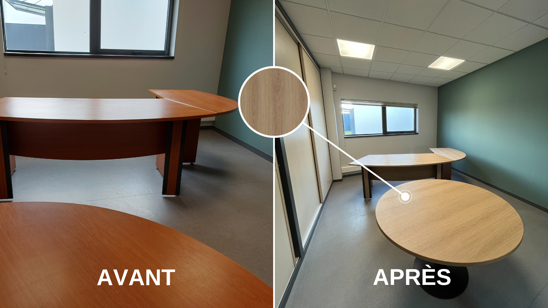 Avant / Après d'un bureau relooké à l'aide d'un revêtement adhésif décoratif effet bois