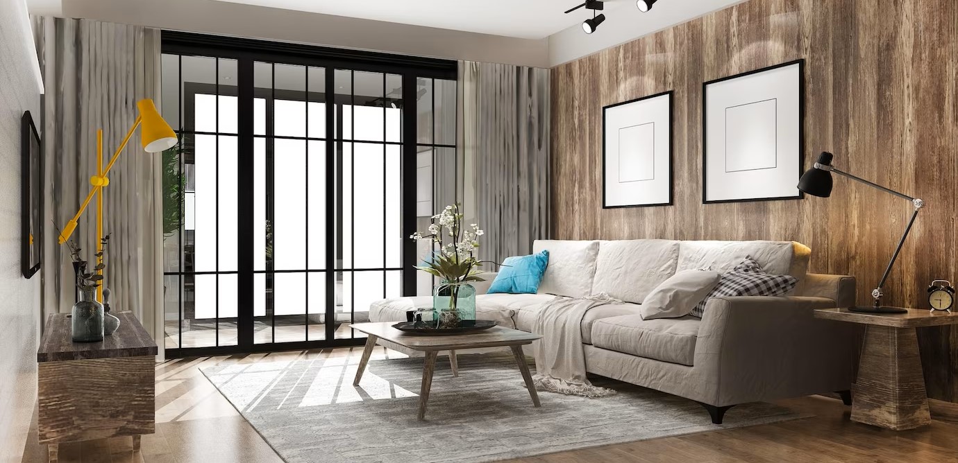 salon cosy avec un revêtement adhésif mural imitation bois